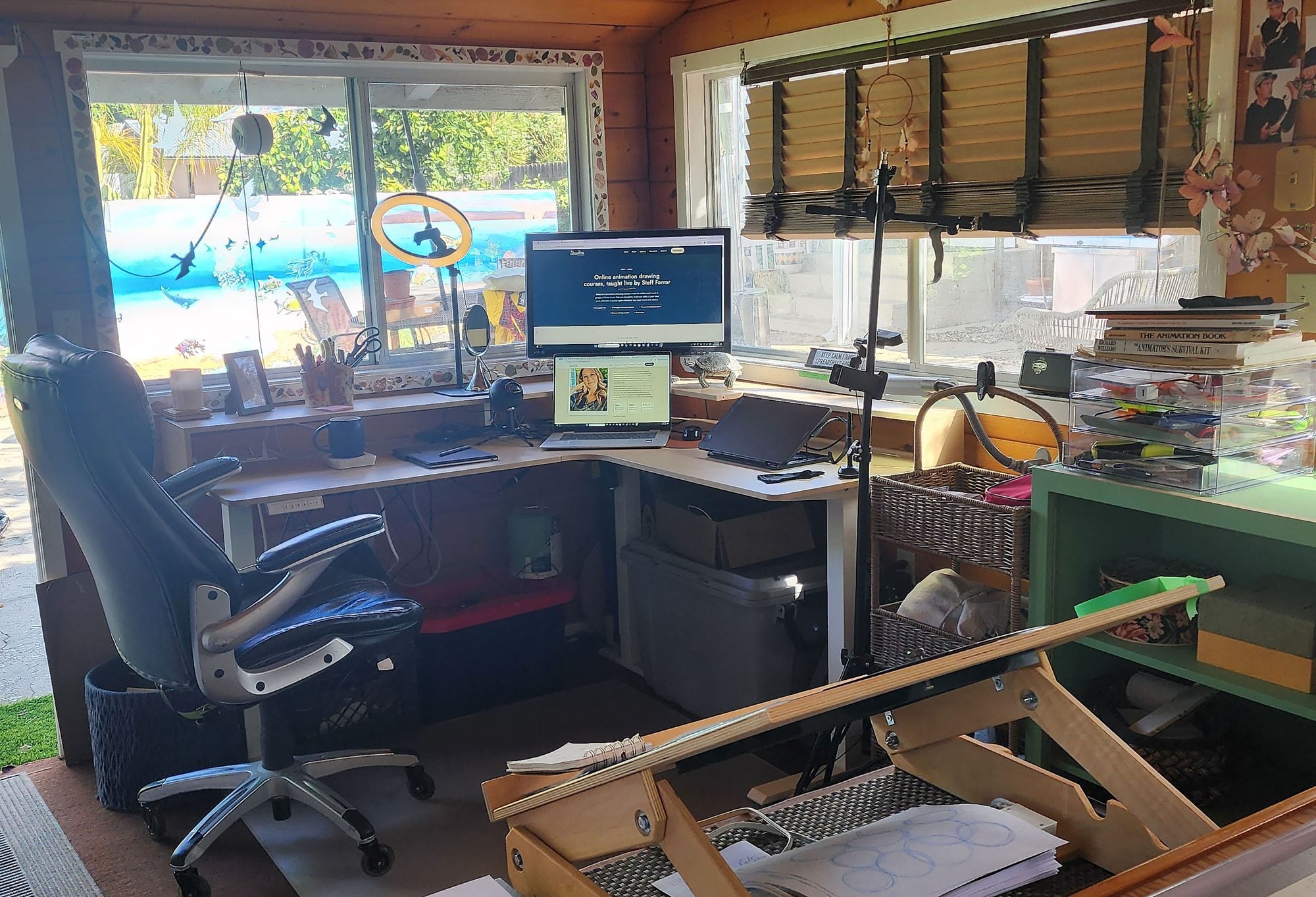 Steff's teaching desk in the studio, set up for live online classes