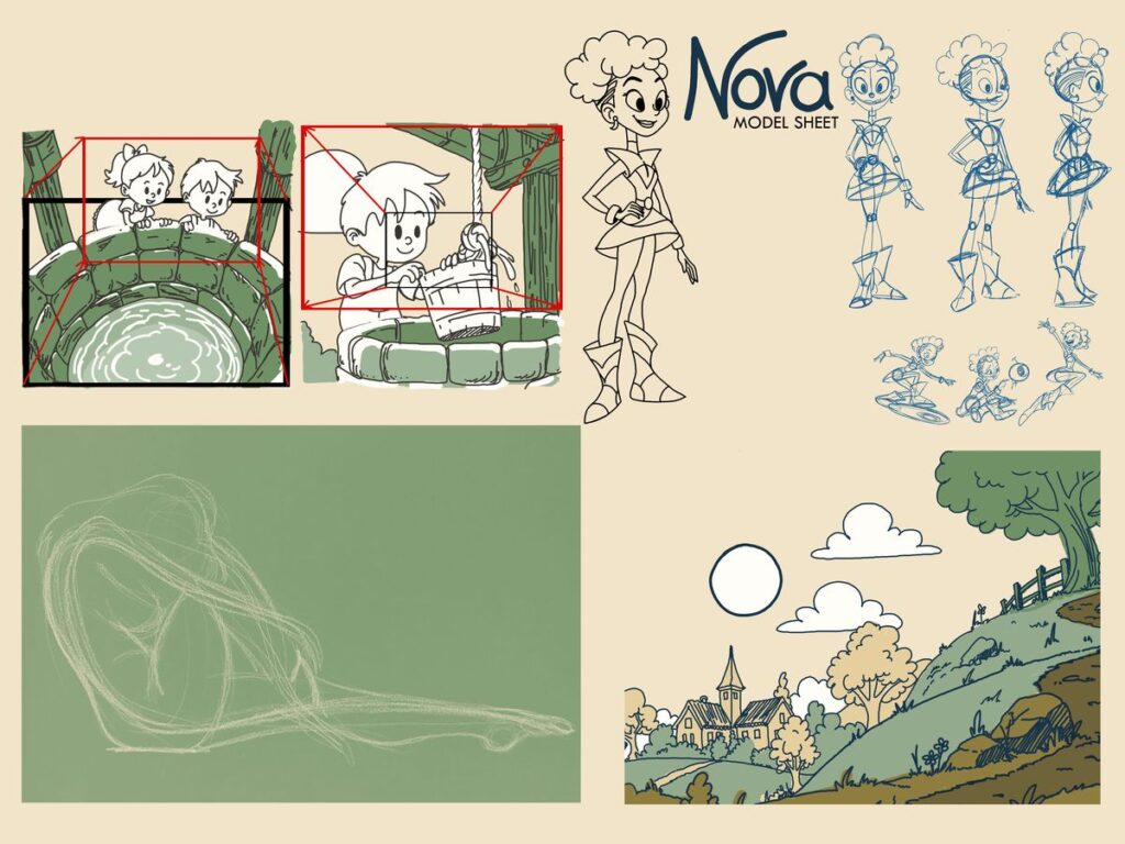 Collage of work by Steff Farrar: perspective studies of a well, the Nova model sheet, a gesture drawing and a background painting