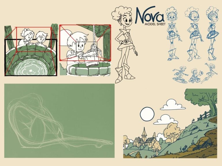 Collage of work by Steff Farrar: perspective studies of a well, the Nova model sheet, a gesture drawing and a background painting