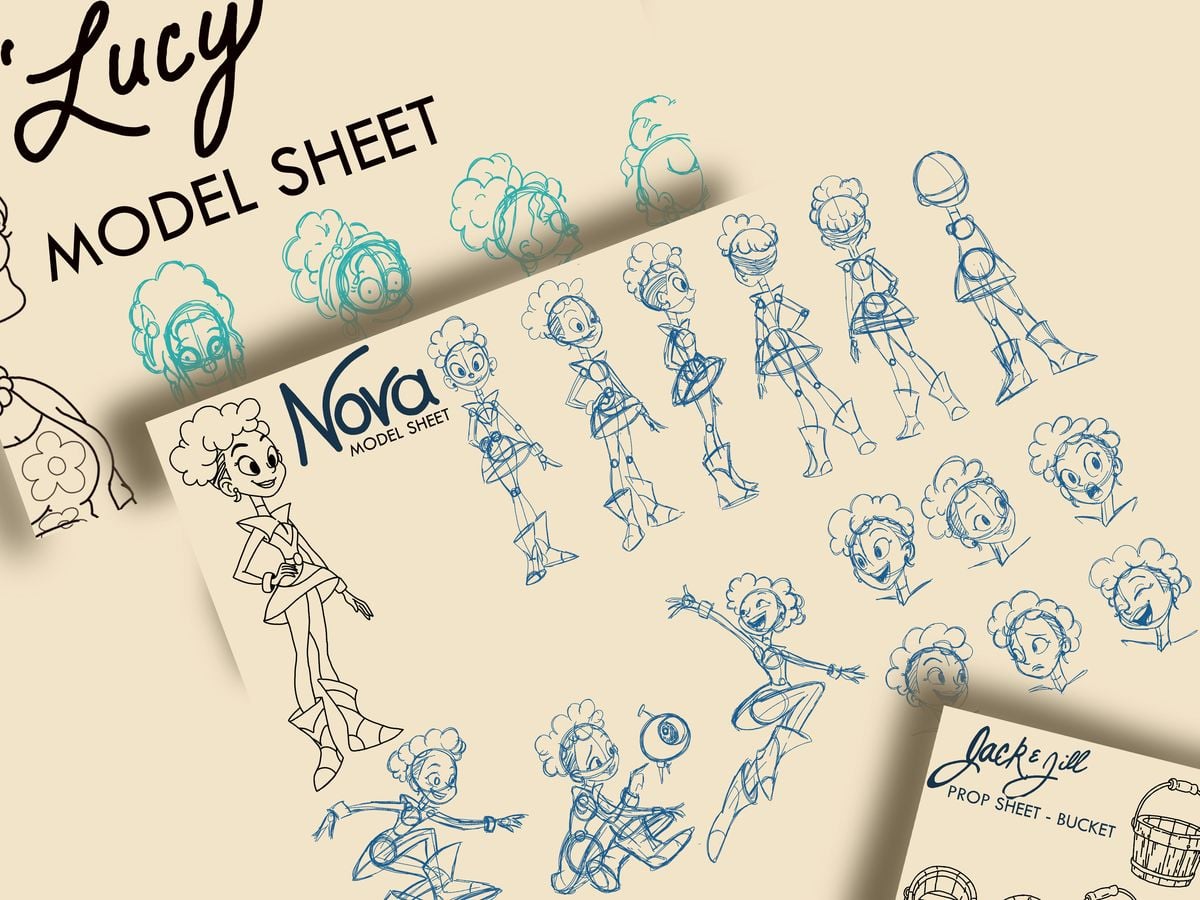 Character model sheets by Steff Farrar for Nova and Lucy, with turnarounds, poses and expressions