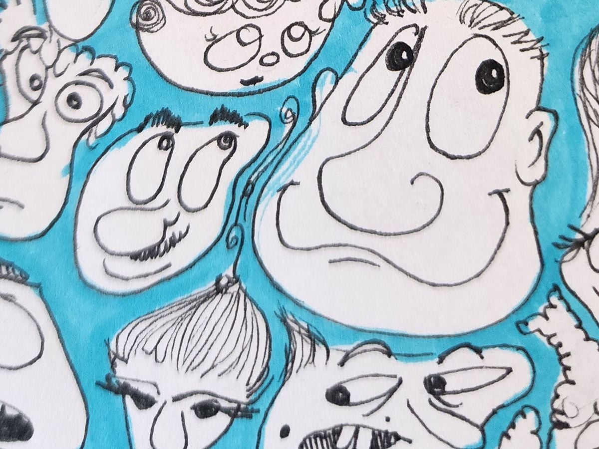 Ink drawing by Steff Farrar of expressive cartoon faces on a turquoise background