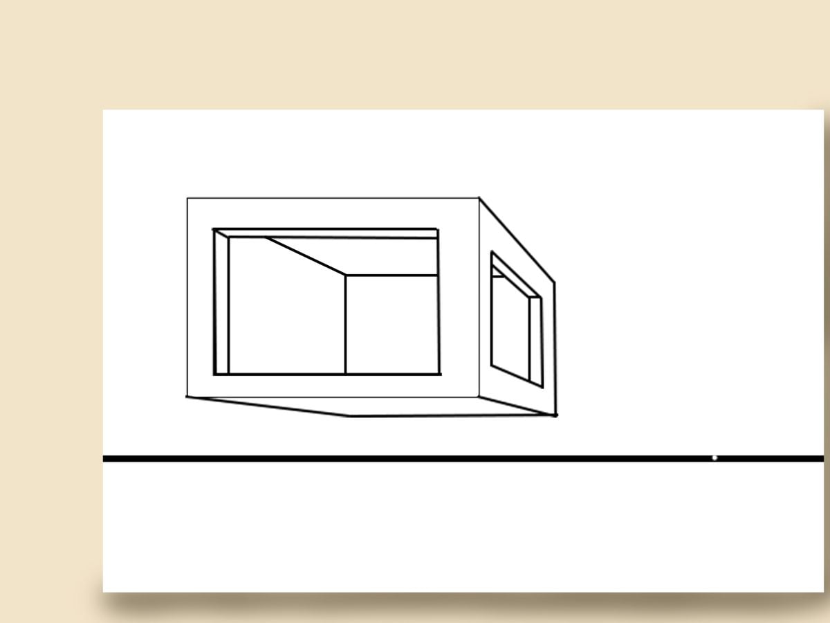 One-point perspective drawing by Steff Farrar of a box with windows above the horizon line