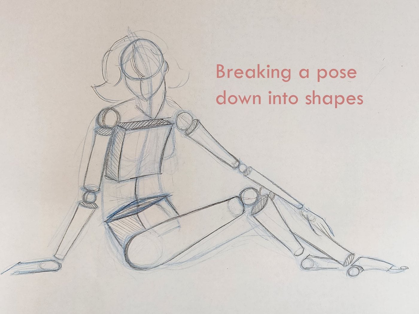 Pencil sketch by Steff Farrar breaking a seated pose down into simple shapes